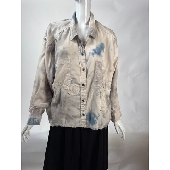 Vintage Havana Tie-Dye Tencel Button-Up Shirt Jacket With Pockets & Frayed Hem L - Picture 14 of 16